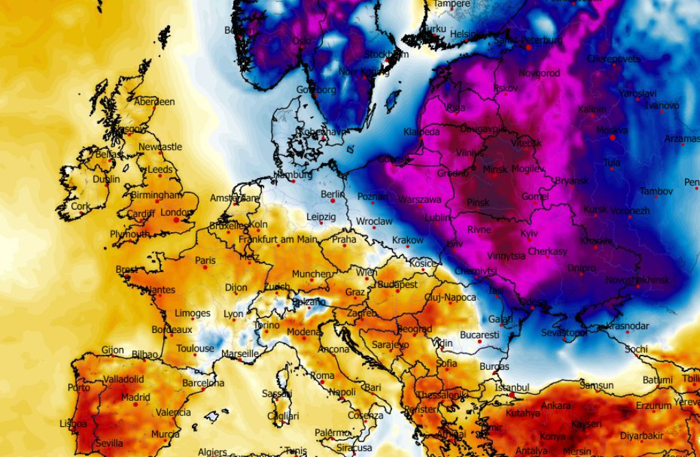 Anomalia temperatury mierzona na wysokości 2 m nad powierzchnią gruntu 09.02 (GFS)