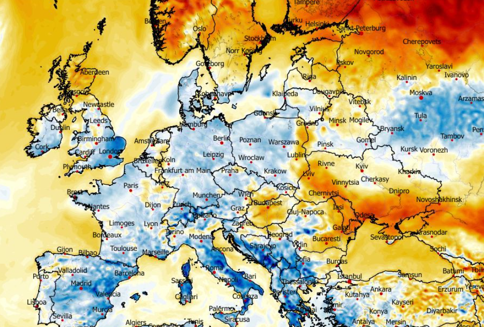 Anomalia temperatury mierzona na wysokości 2 m nad powierzchnią gruntu 22.03