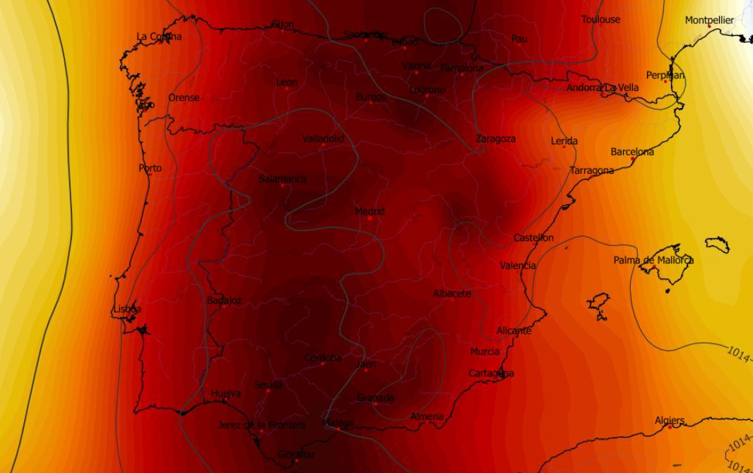 Anomalia temperatury na poziomie ciśnienia 850 hPa 23.04 w Hiszpanii