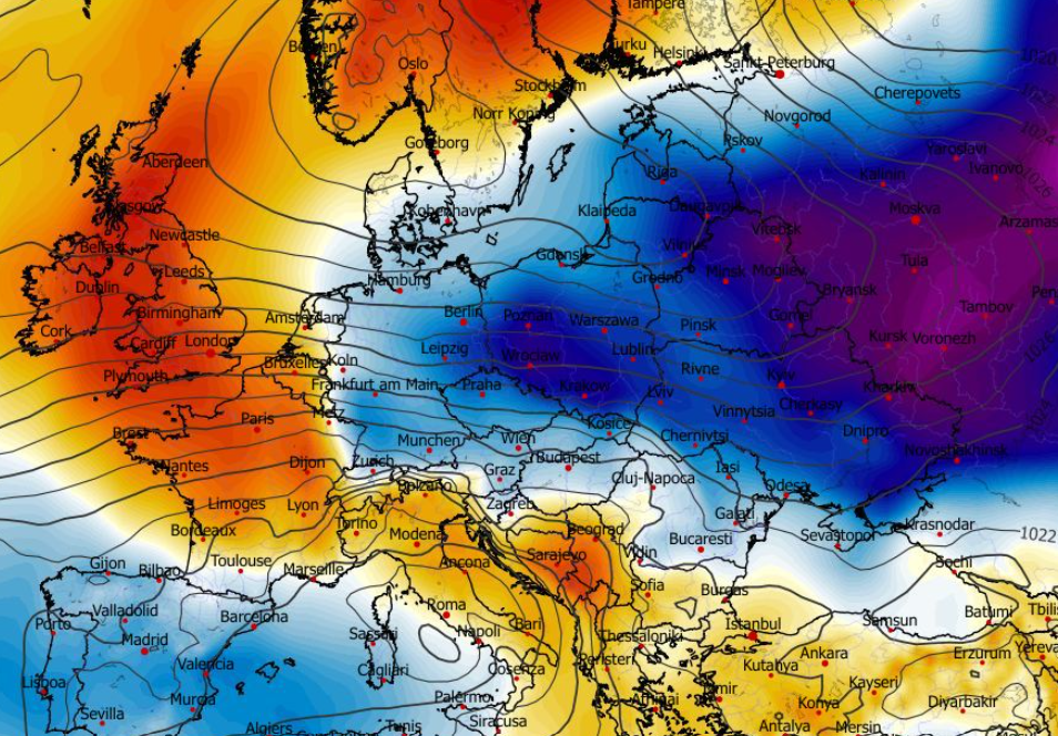 Anomalia temperatury na poziomie ciśnienia 850 hPa 24.12
