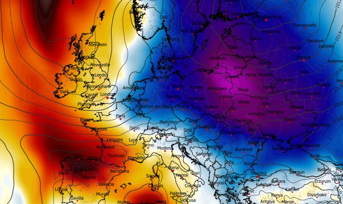 Anomalia temperatury na poziomie ciśnienia 850 hPa 29.04