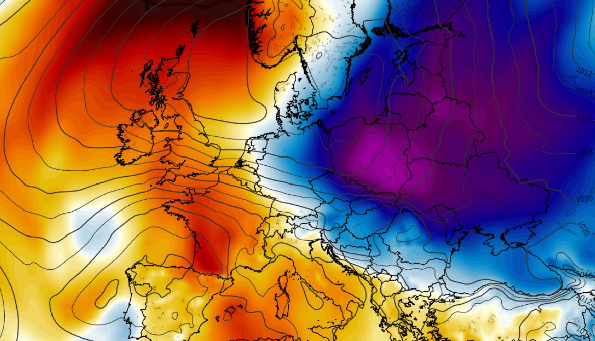 Anomalia temperatury na poziomie ciśnienia 850 hPa 29.04
