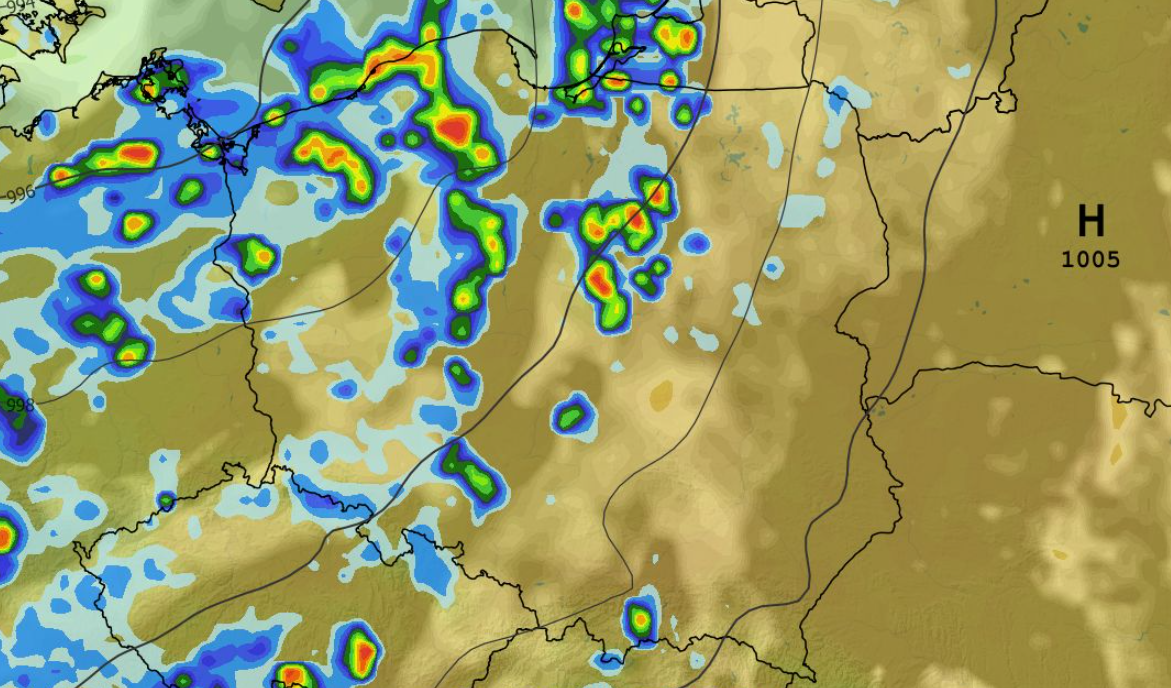 Chwilowe natężenie opadu, zachmurzenie, temperatura i ciśnienie 14.05