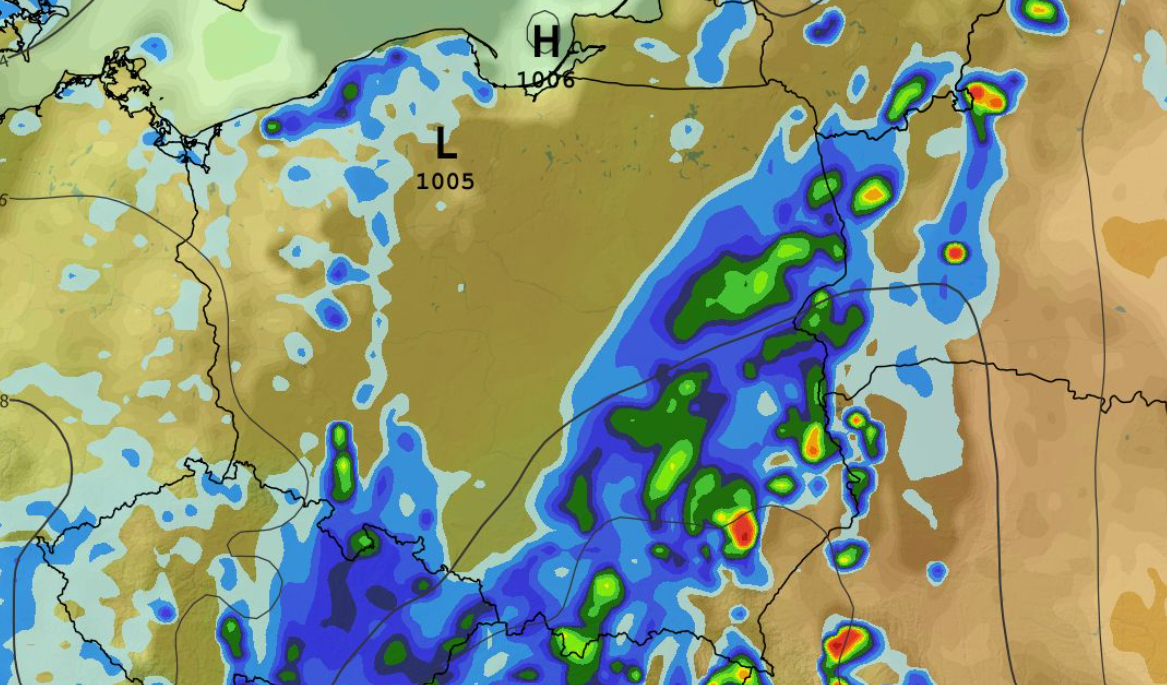 Chwilowe natężenie opadu, zachmurzenie, temperatura i ciśnienie 16.05
