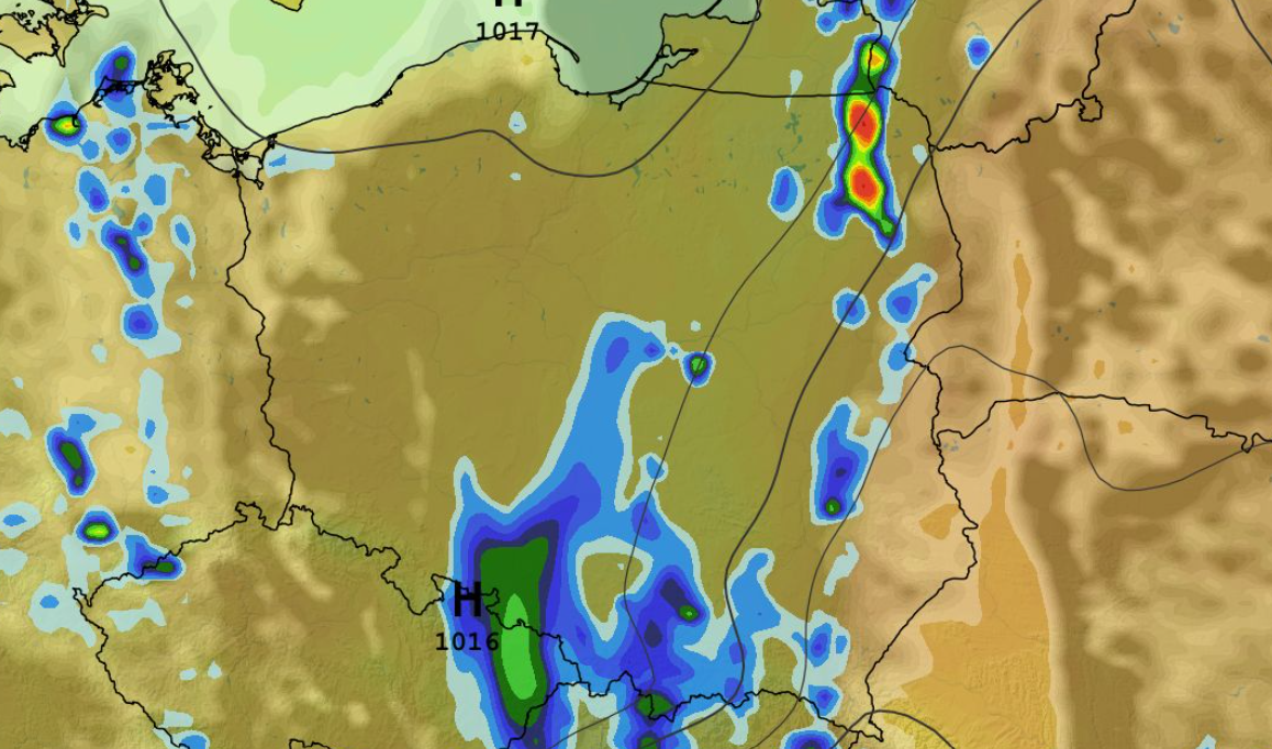 Chwilowe natężenie opadu, zachmurzenie, temperatura i ciśnienie 17.05