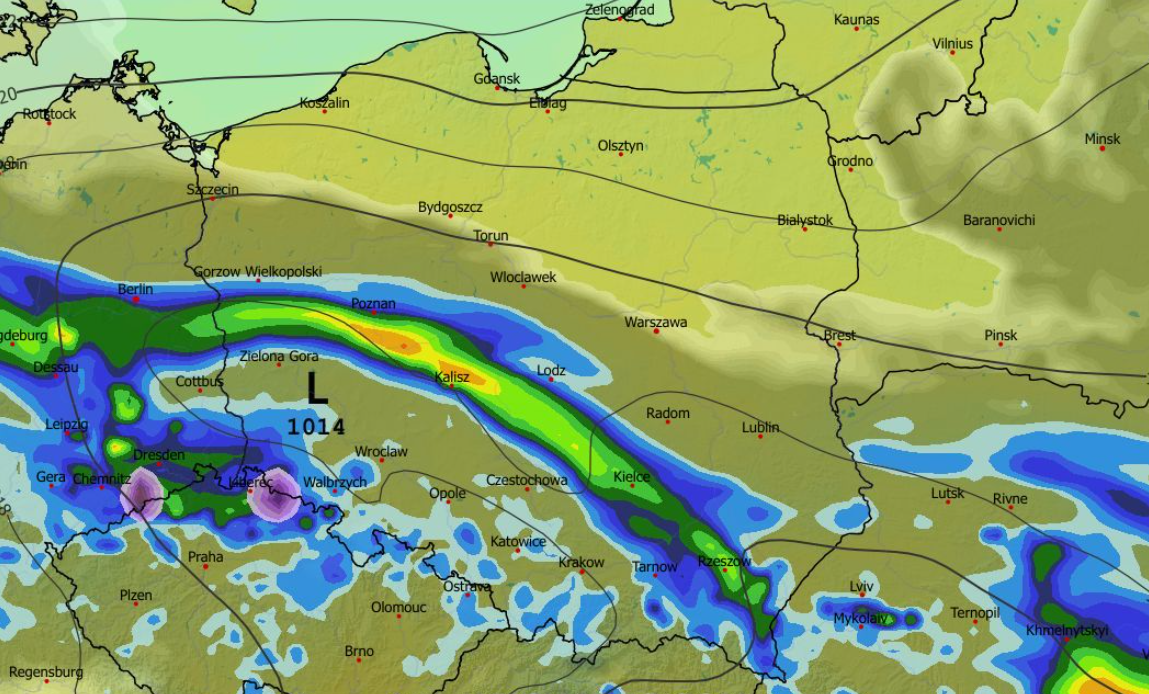 Chwilowe natężenie opadu, zachmurzenie, temperatura i ciśnienie 20.04