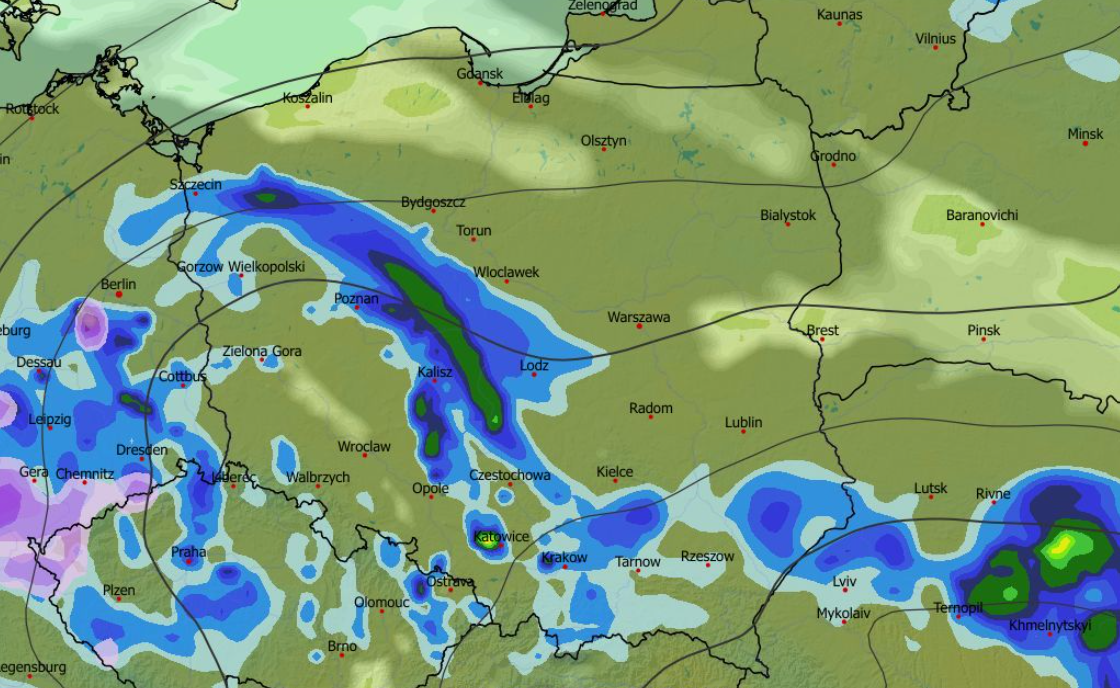 Chwilowe natężenie opadu, zachmurzenie, temperatura i ciśnienie 21.04