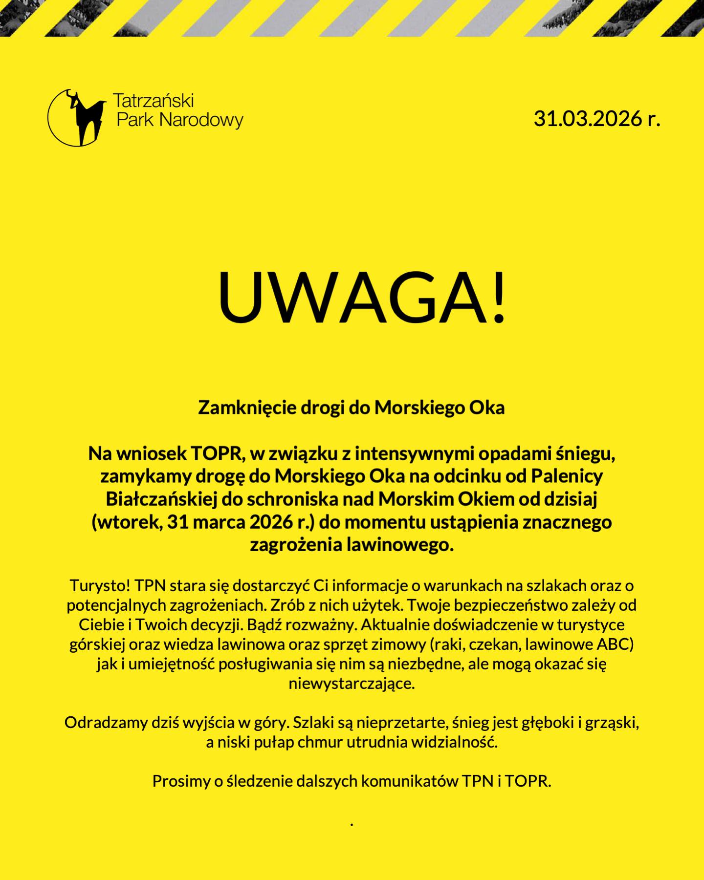 Droga do Morskiego Oka zamknięta