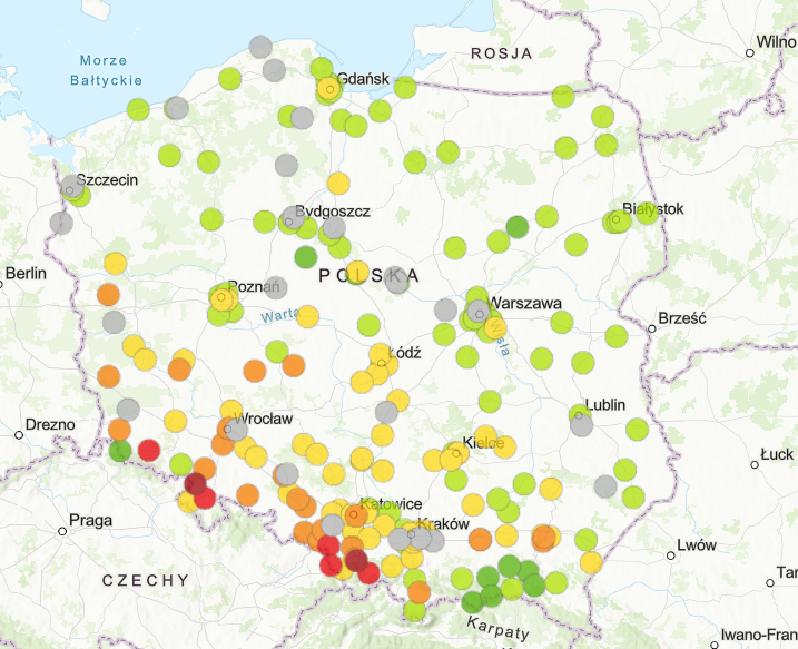 jakość powietrza w Polsce, bieżące dane pomiarowe