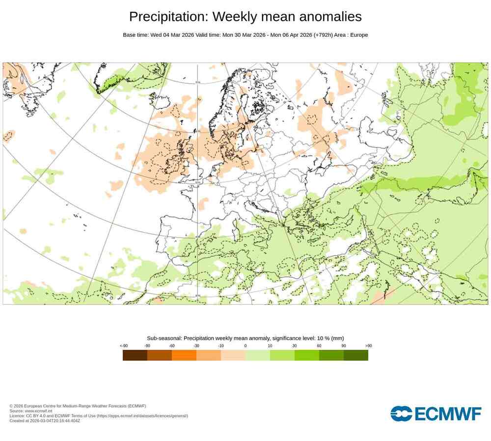 Prognozowana anomalia opadów w Europie