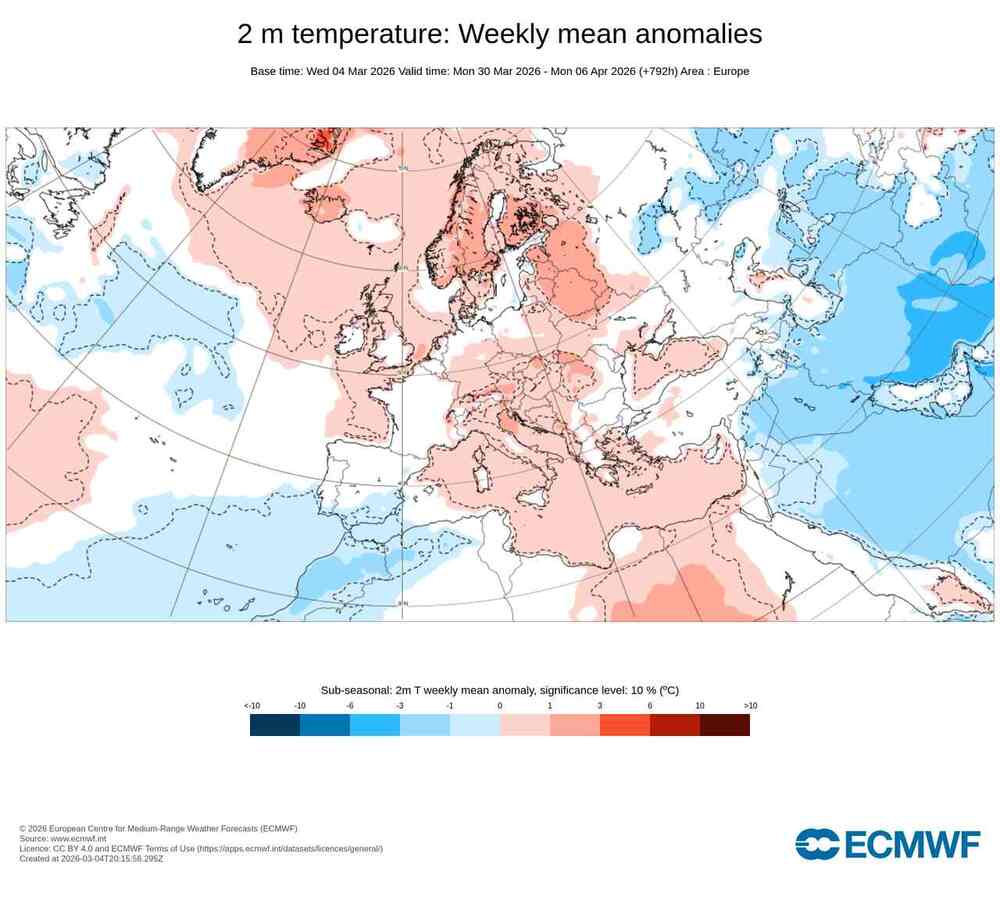 Prognozowana anomalia temperatury w Europie według modelu EMCWF