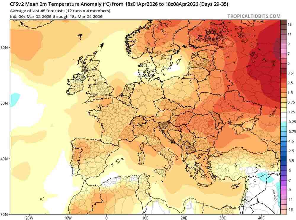 Prognozowana anomalia temperatury w Europie