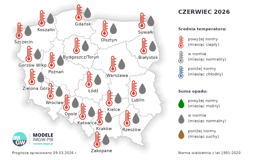 Średnia temperatura i suma opadów w czerwcu 2026
