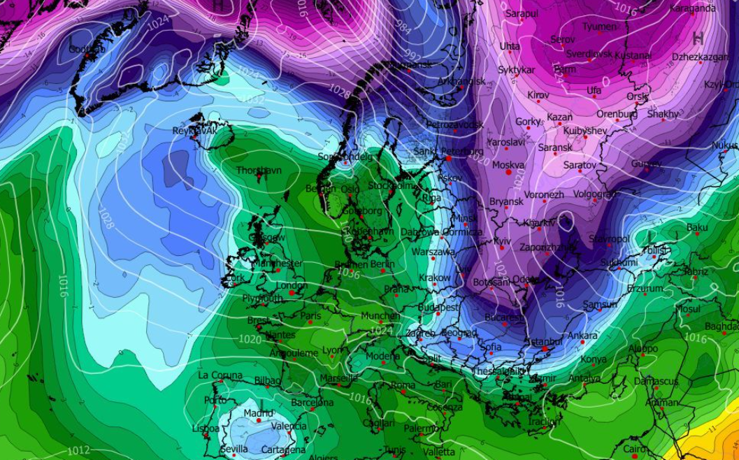 Temperatura w Europie na poziomie 850 hPa i MSLP (hPa) 27.12