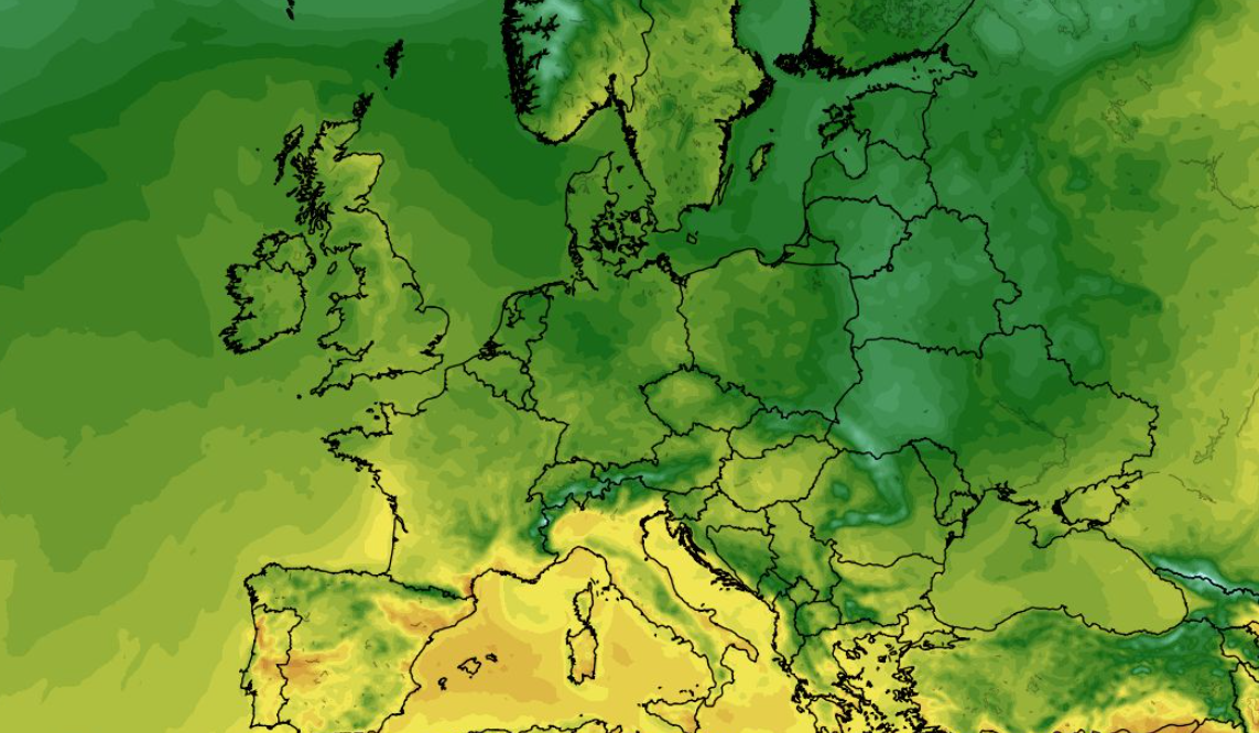 Temperatura w Europie mierzona na wysokości 2 m nad powierzchnią gruntu 29.05
