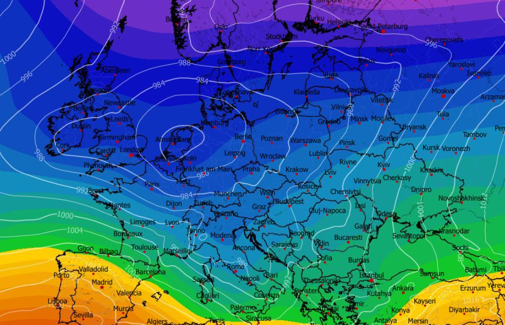 Wysokość geopotencjalna poziomu 500 hPa (gpdm) oraz ciśnienie zredukowane do poziomu morza (MLSP) w hPa 12.02